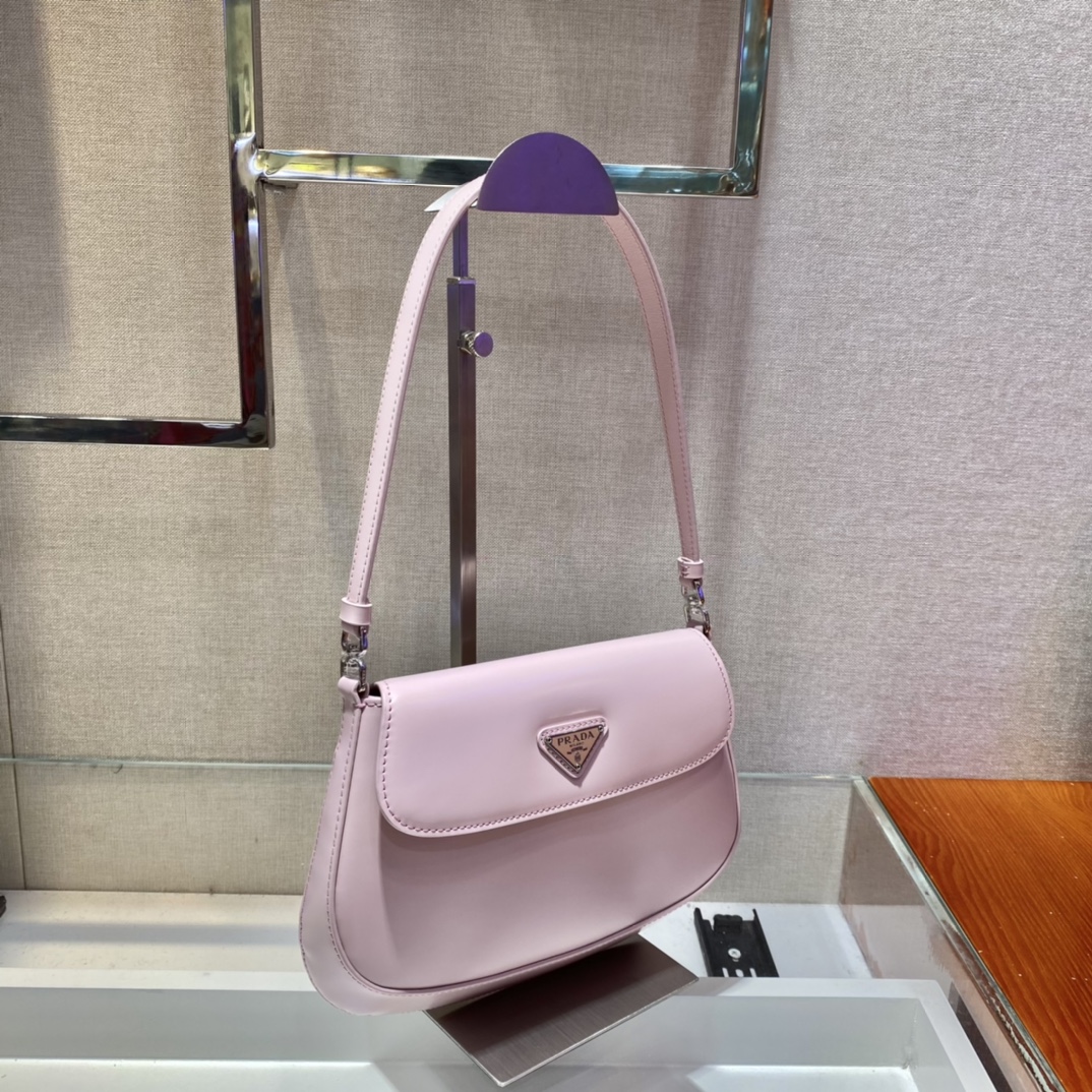 Prada Cleo Brushed Leather Shoulder Bag With Flap Light Pink 1BD311